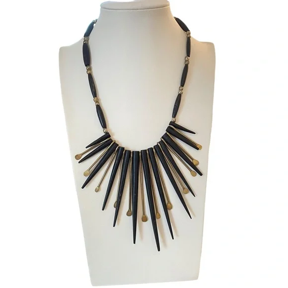 Vintage ebony wood black gold spikes kinetic statement necklace brutalist